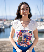 T-shirt ajouré imprimé floral blanc de face