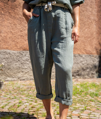 Pantalon 100% lin coupe carotte kaki face