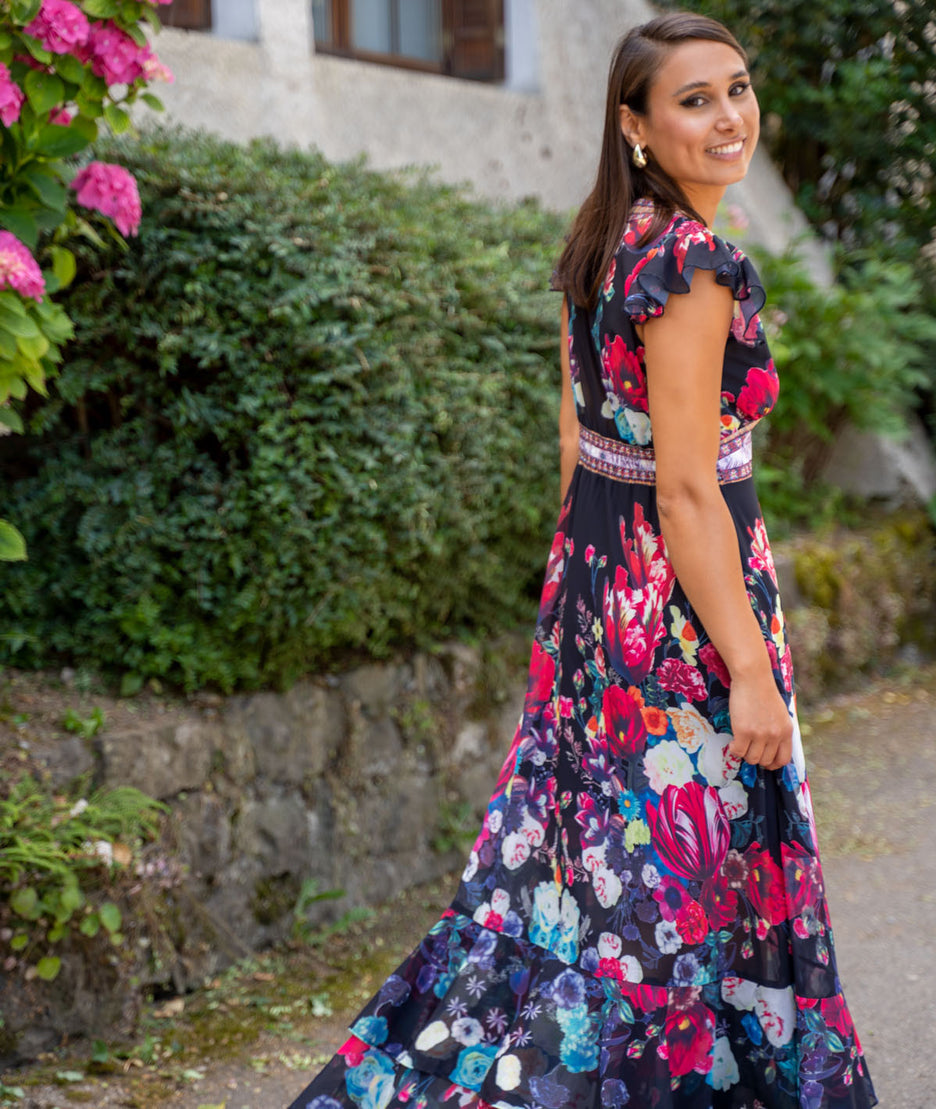 Robe longue en mousseline Ellia noir coté