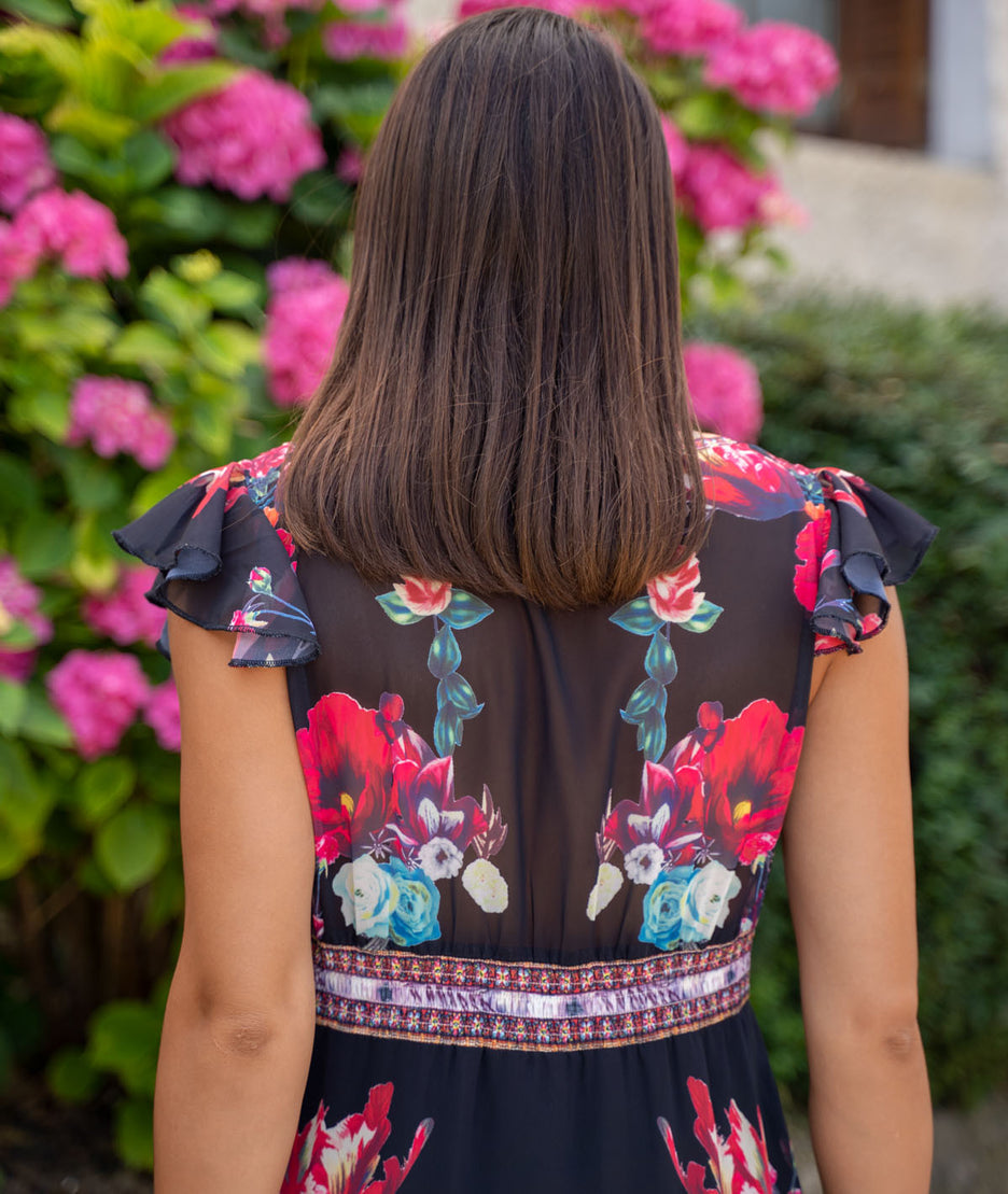 Robe longue en mousseline Ellia noir dos