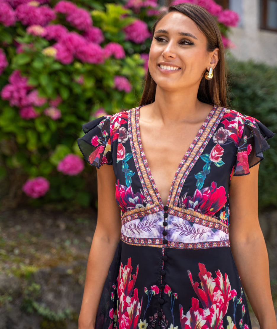 Robe longue en mousseline Ellia noir face