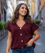 Gilet manches courtes en maille bordeau face avant