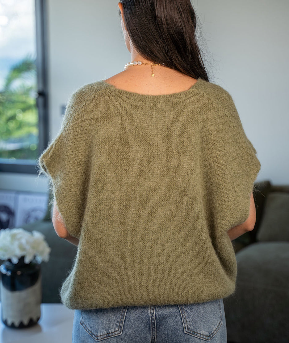 Pull sans manches en maille Sama kaki face arrière