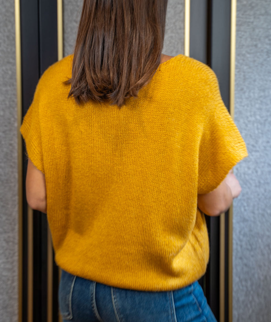 Gilet manches courtes en maille ocre face arrière