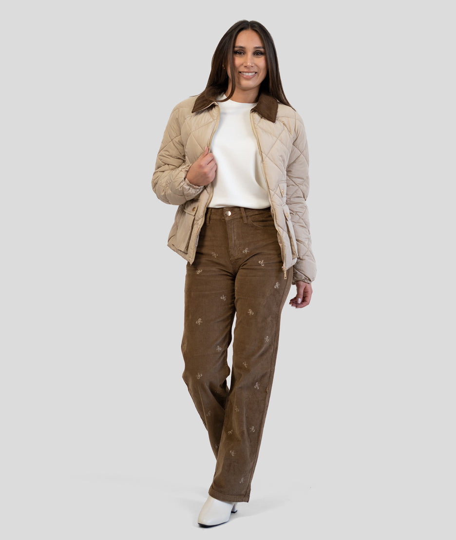 Veste matelassée col velours côtelé Quadri beige tenue complète
