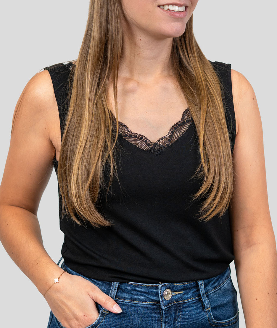 Débardeur col v dentelle Etiana noir face avant