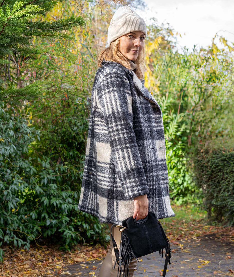 Manteau à carreaux en bouclette Carila noir coté