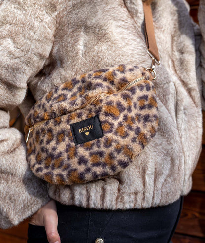 Sac banane effet mouton léopard camel face