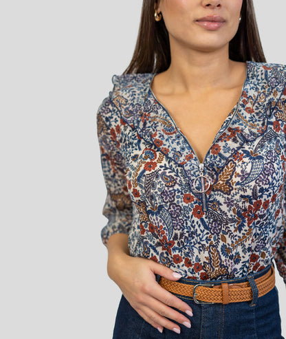 Blouse motif fleuri Tapica ecru détails