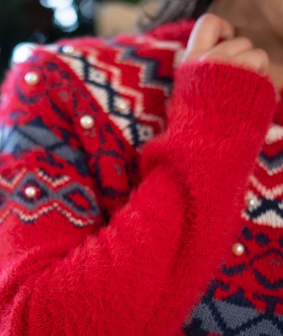 Pull en maille duveteuse avec perles Montanna rouge détails