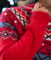 Pull en maille duveteuse avec perles Montanna rouge détails