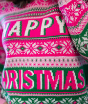 Pull de Noël Happymas rose détails