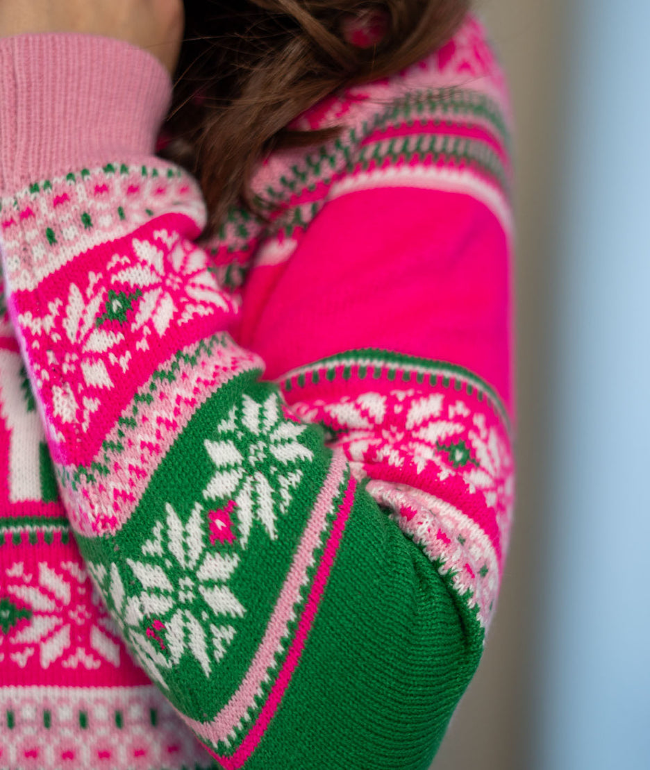 Pull de Noël Happymas rose détails