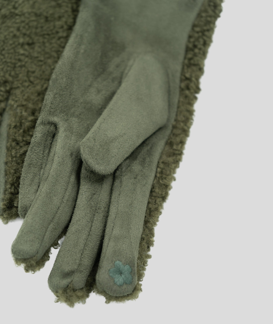 Gants bi-matière effet mouton Mouty kaki détails
