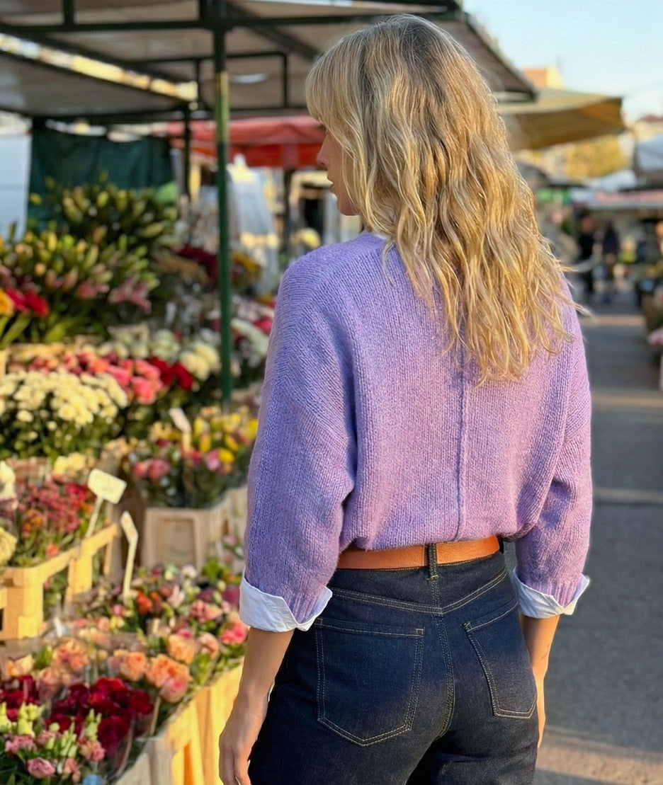 Pull en maille duveteuse Vicky lilas dos