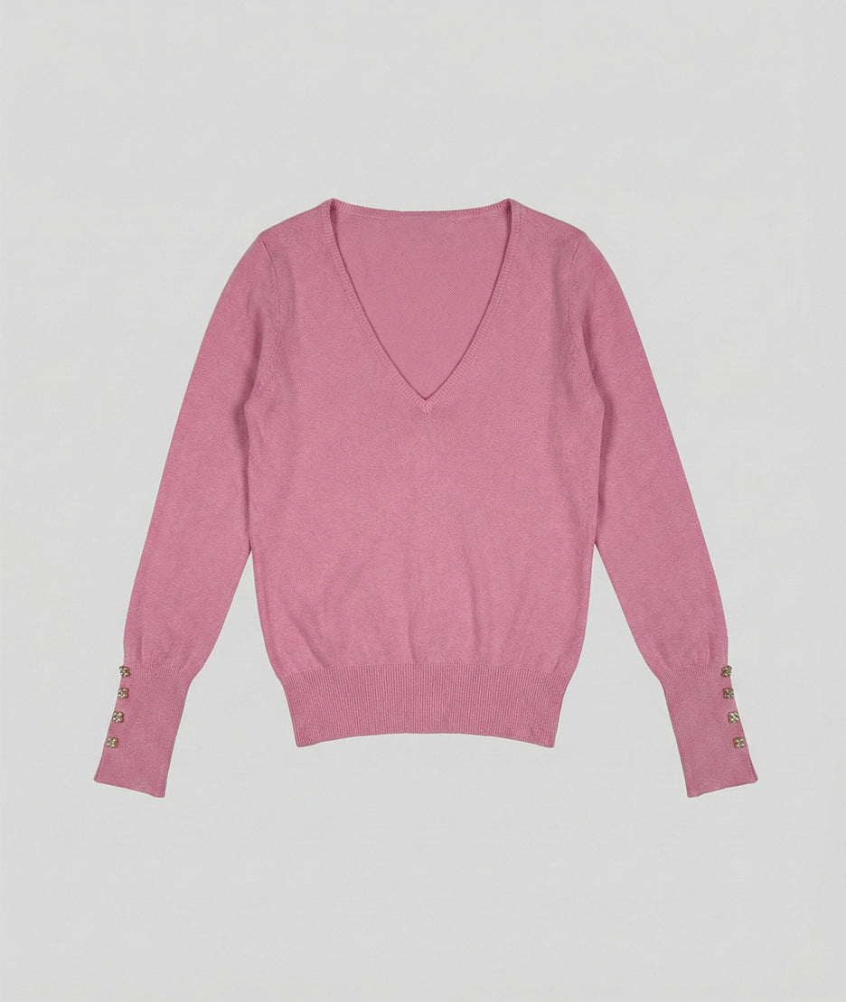 Pull col V uni rose face