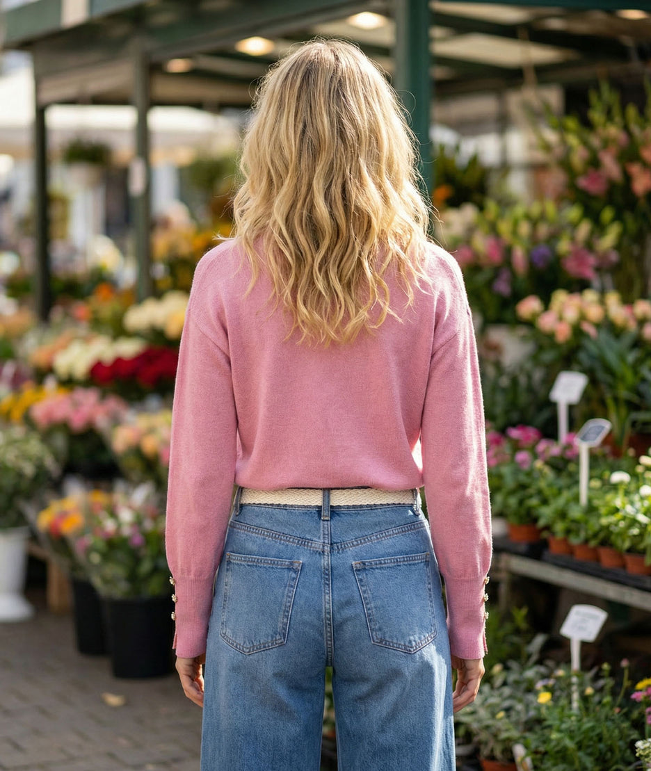 Pull col V uni rose dos