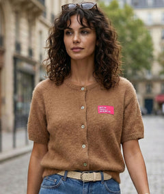 Gilet Power camel col rond en mohair face avant