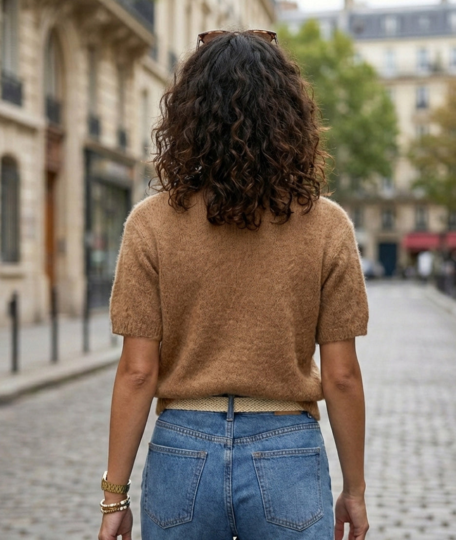 Gilet Power camel col rond en mohair face arrière