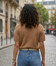 Gilet Power camel col rond en mohair face arrière