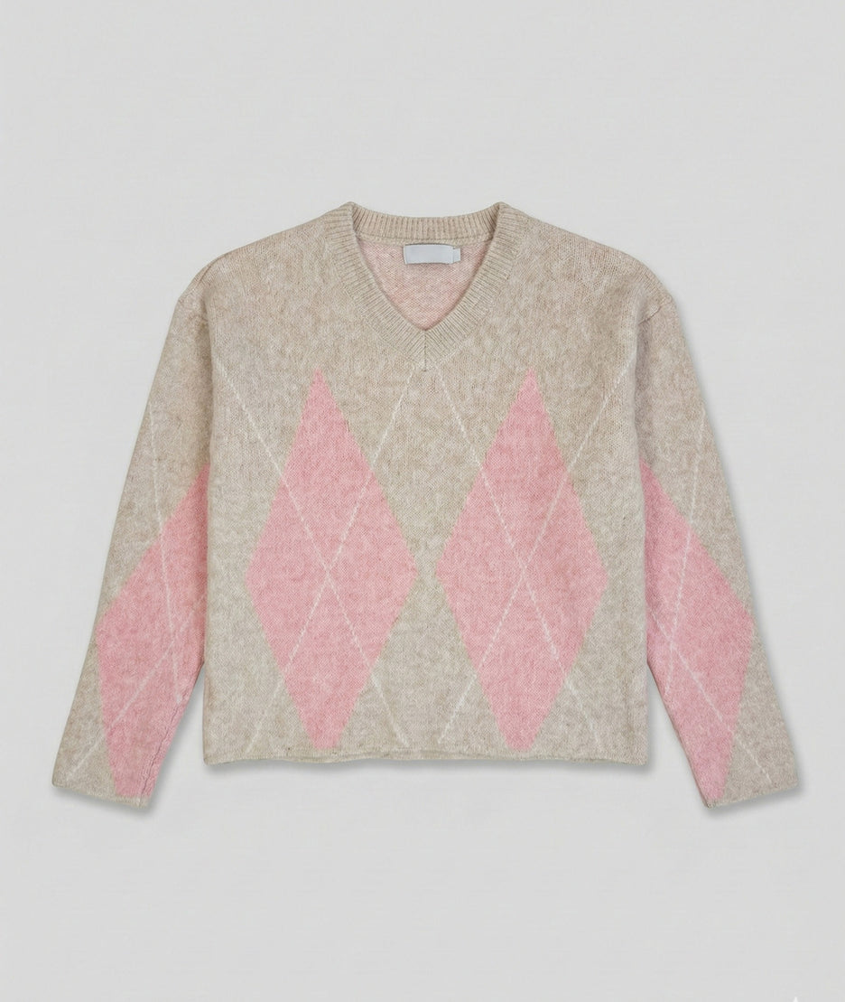 Pull col V jacquard beige & rose à losanges avant fod gris