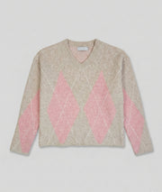 Pull col V jacquard beige & rose à losanges avant fod gris