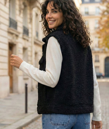 Veste sans manches femme noire en bouclette face arrière