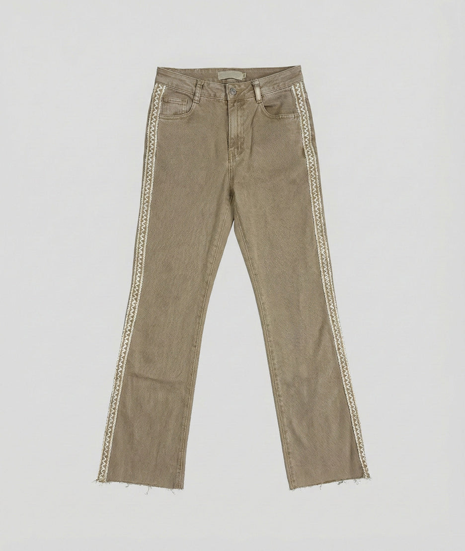 Jean Galon flare beige taille haute avant fond gris