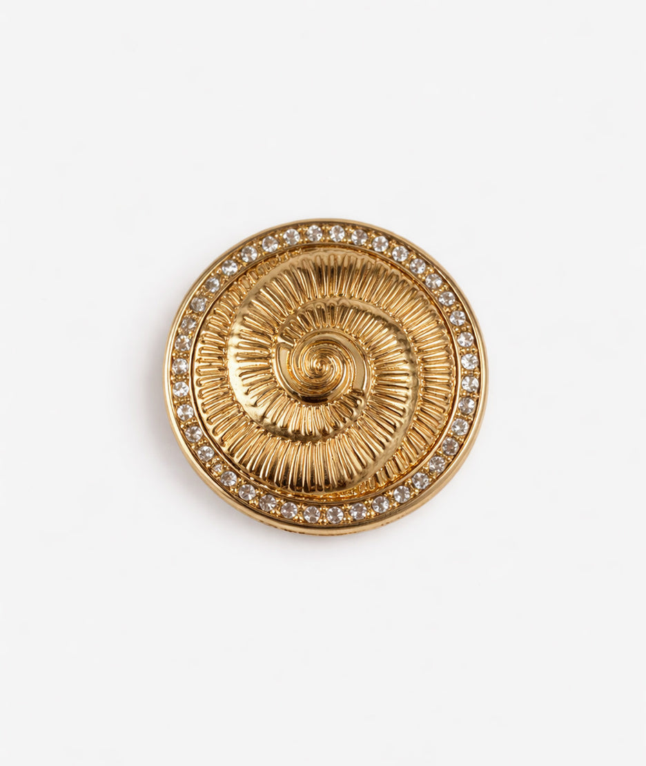 Broche dorée à strass Spirale face