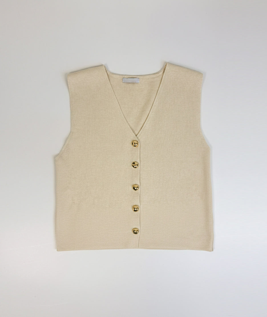 Gilet sans manches boutons dorés Bustia beige face