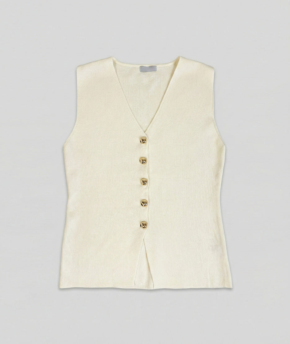 Gilet sans manches boutons dorés Bustia ecru face