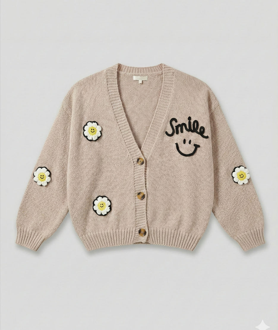 Gilet en maille à broderies Smily beige avant