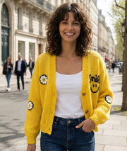 Gilet en maille à broderies Smily jaune face avant