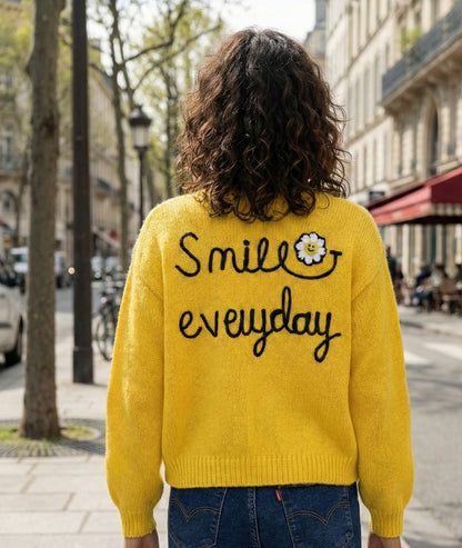 Gilet en maille à broderies Smily jaune face arrière