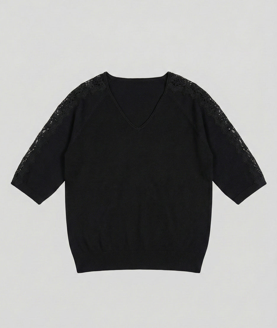 Pull manches trois-quarts à dentelle Donna noir avant