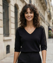 Pull manches trois-quarts à dentelle Donna noir face avant