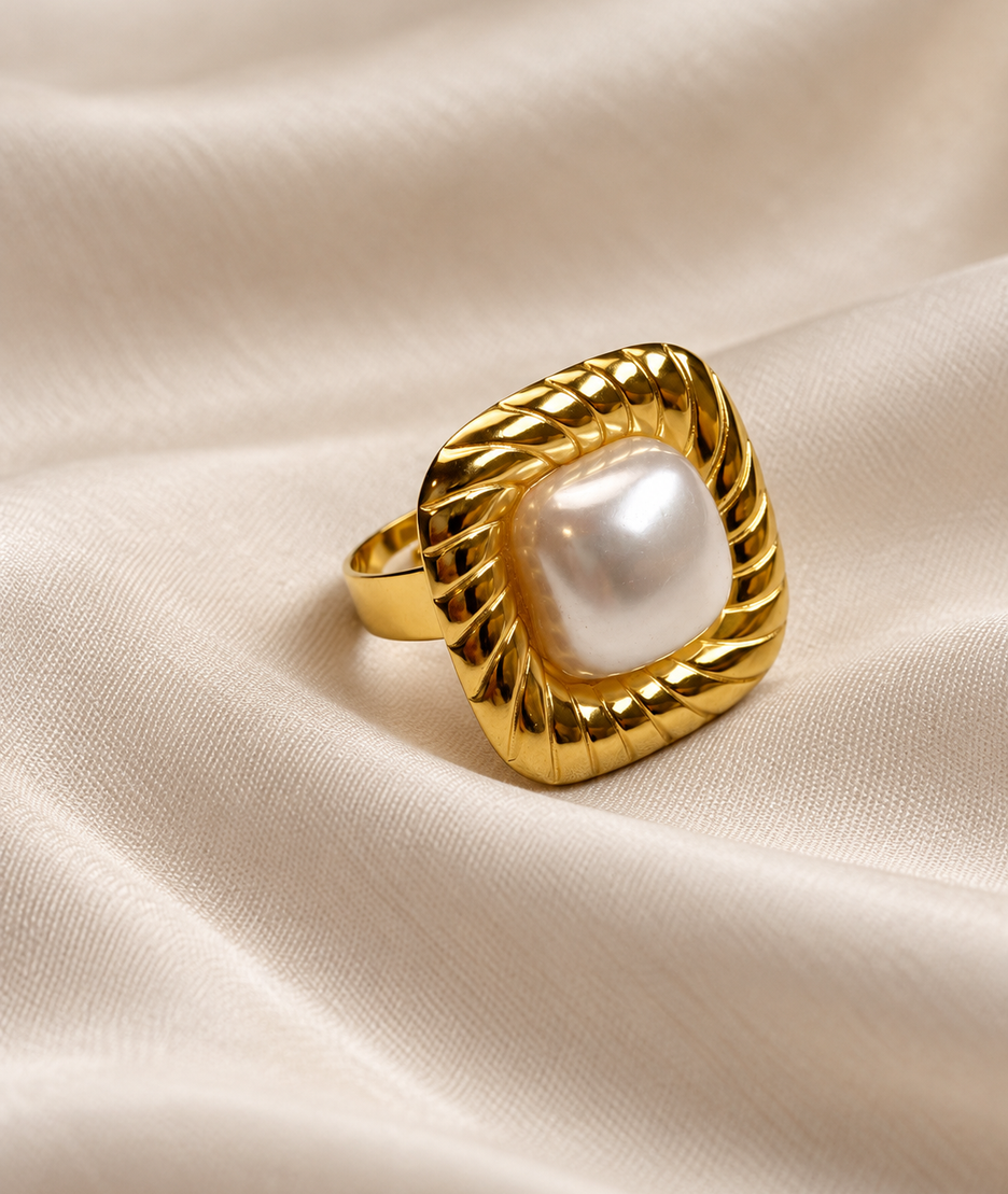 Bague carrée avec perle - jaune
