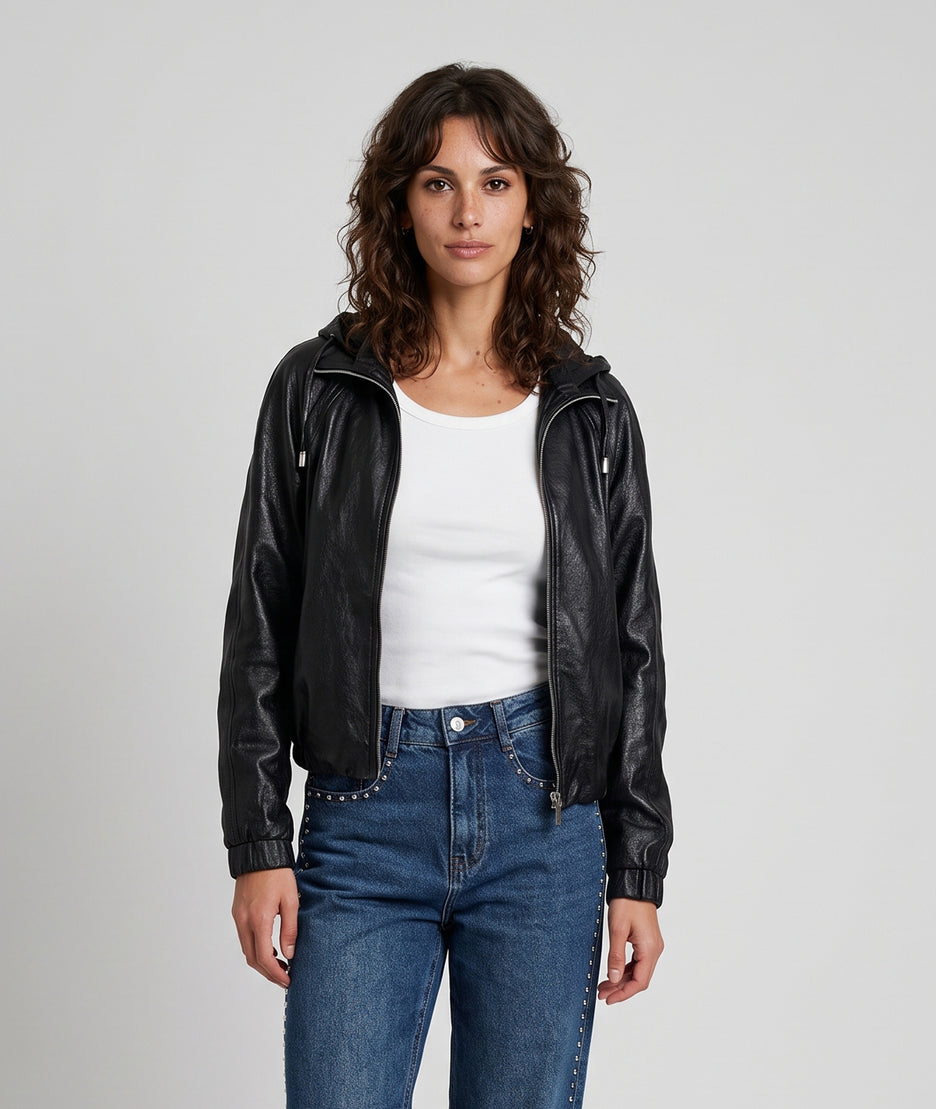 Veste bomber en similicuir femme noire zippée