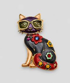 Broche fantaisie chat multicolore détails fleurs et strass - Carnaby