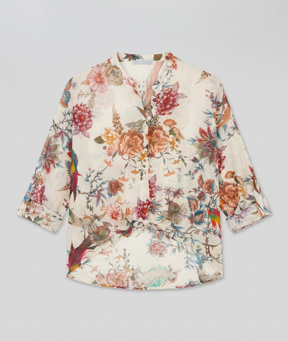 Chemise Amandine écru manches retroussées imprimé jardin exotique fond blanc - Carnaby