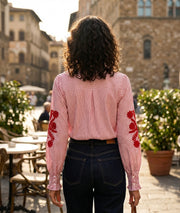 Chemise à rayures et broderie - rouge