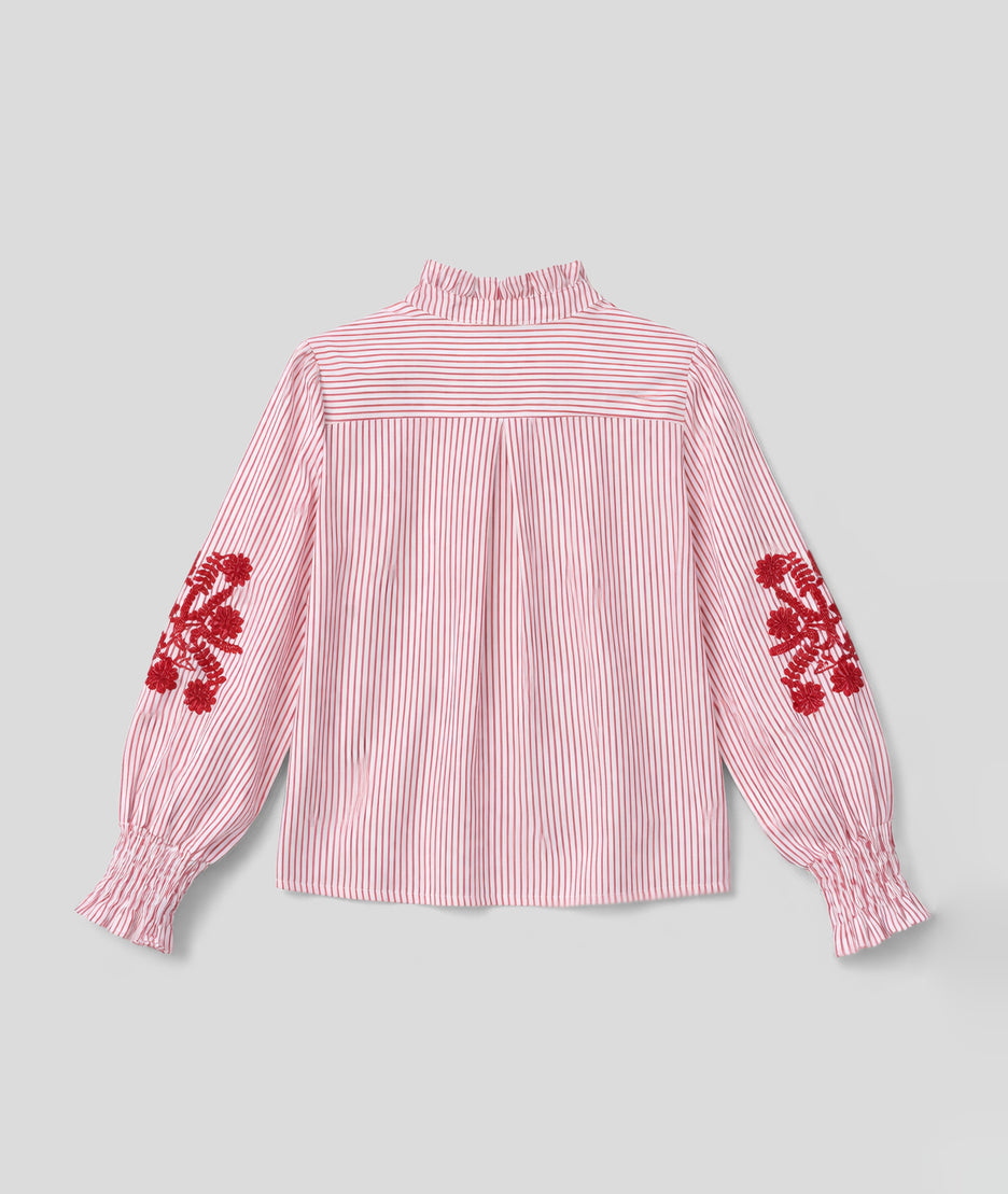Chemise à rayures et broderie - rouge