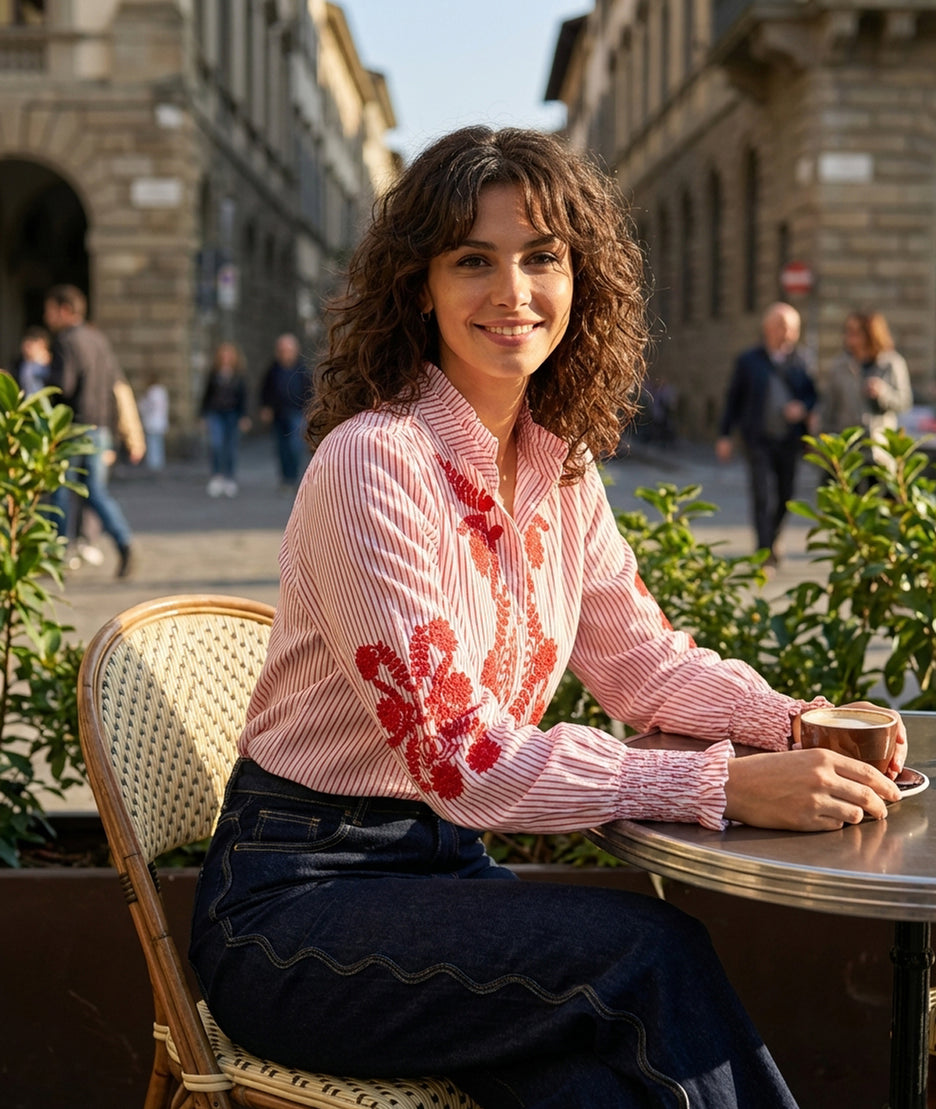 Chemise à rayures et broderie - rouge