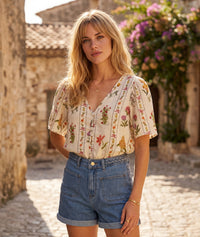 Chemise courte Bouquet motif fleuri - beige