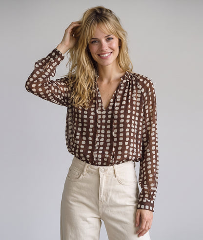 Blouse fluide femme choco à pois avec col mao volanté et lurex doré