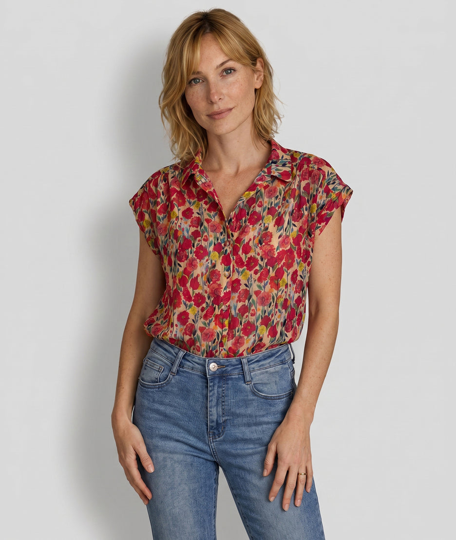 Chemise Juna sans manches motif fleuri rouge face
