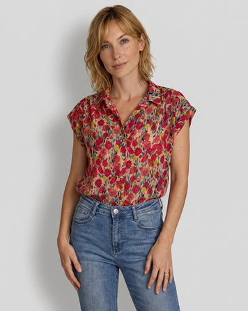 Chemise Juna sans manches motif fleuri rouge face