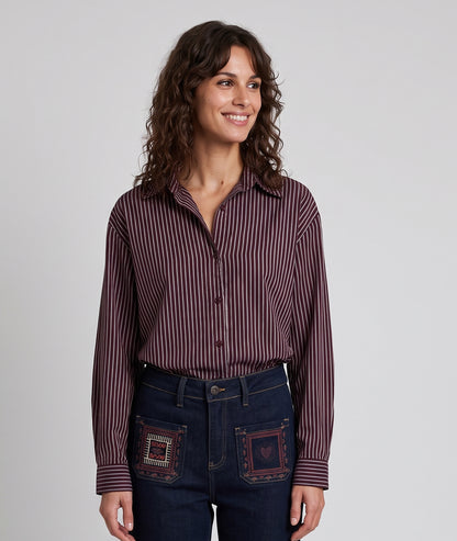 Chemise à rayures femme Linette bordeaux et blanche manches longues vue de face