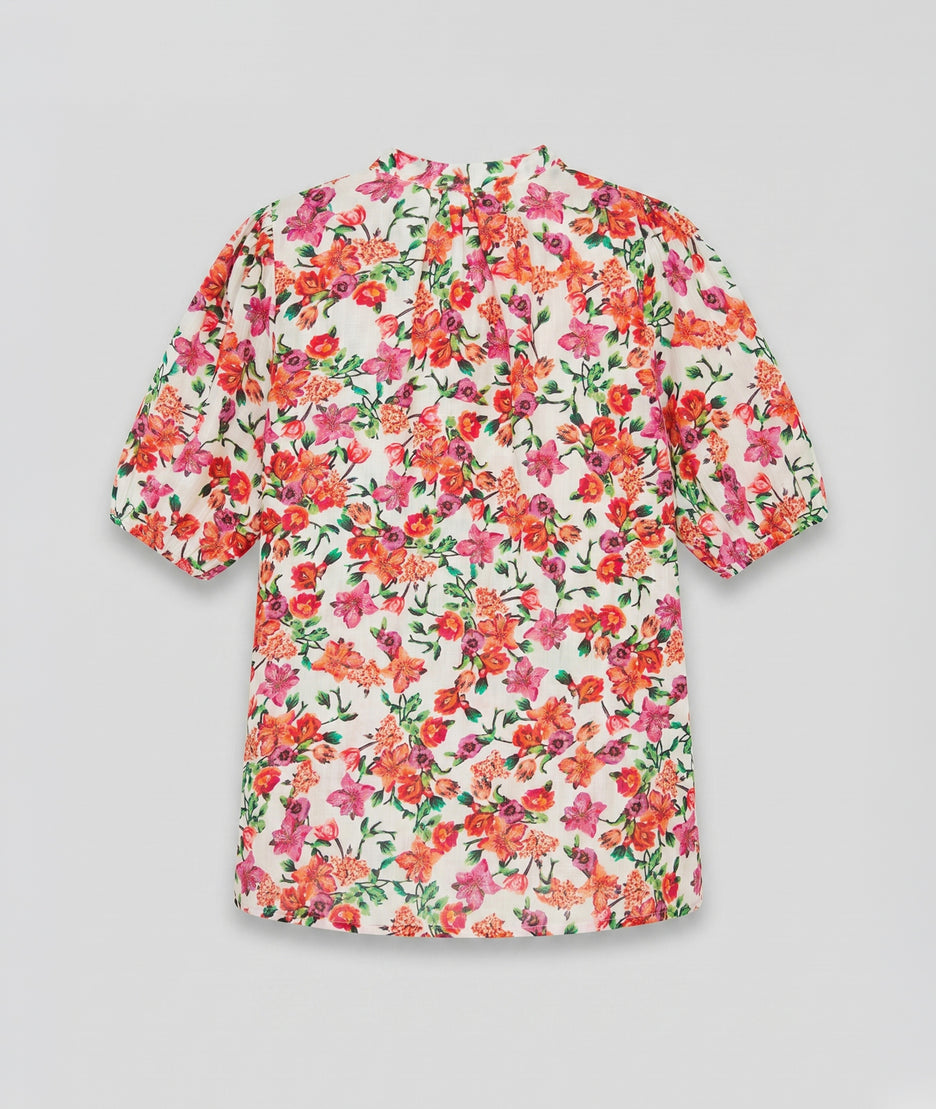 Chemise Lorie fleurie col froncé manches bouffantes  - rouge