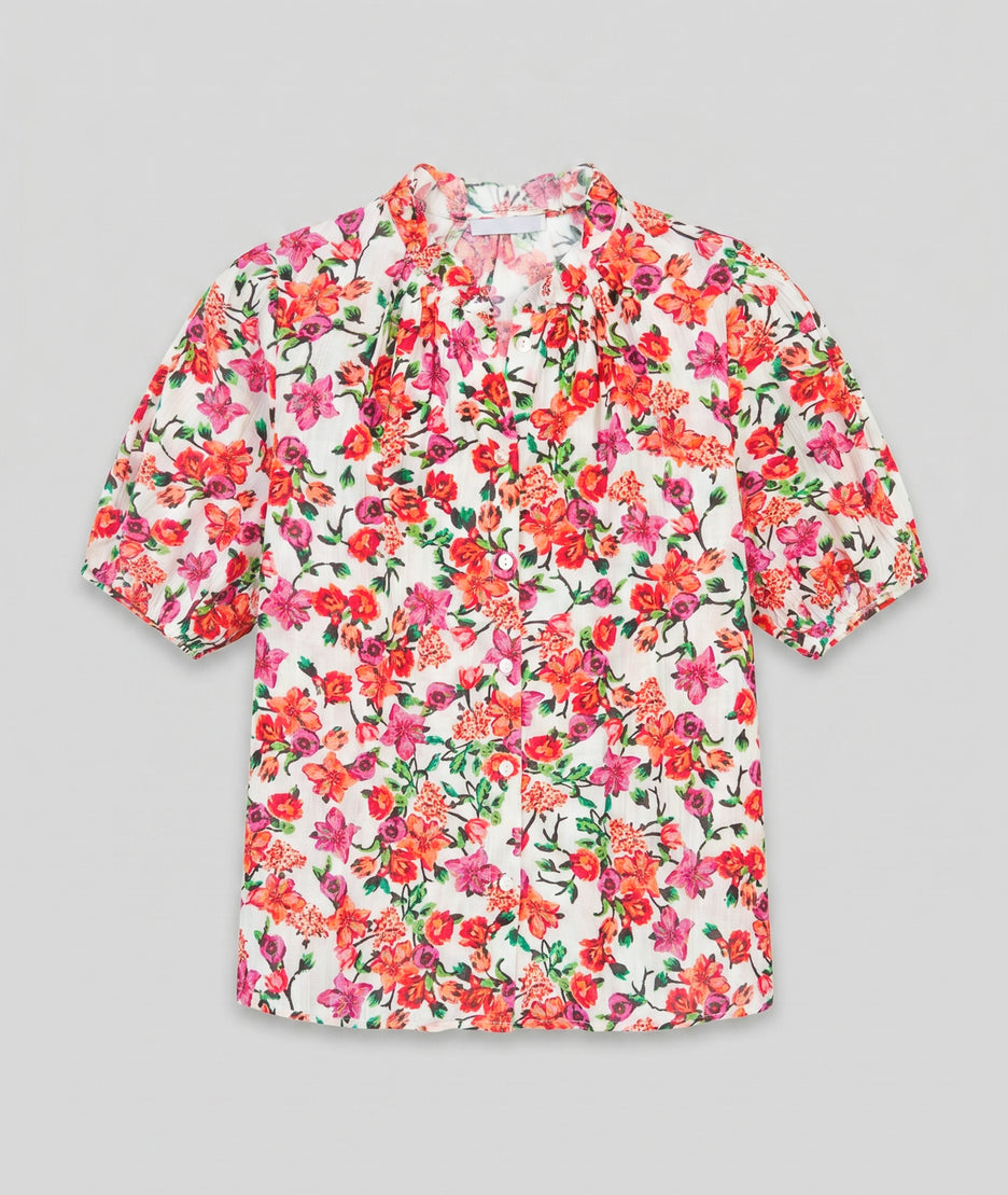 Chemise Lorie fleurie col froncé manches bouffantes  - rouge